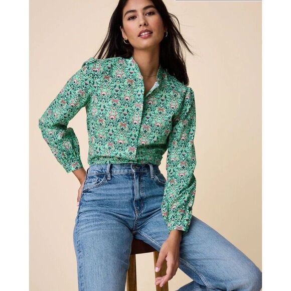 Untuckit Regina Shirt Green Damask Floral Women's 6 Long Sleeve Cotton Blouse - Picture 1 of 12